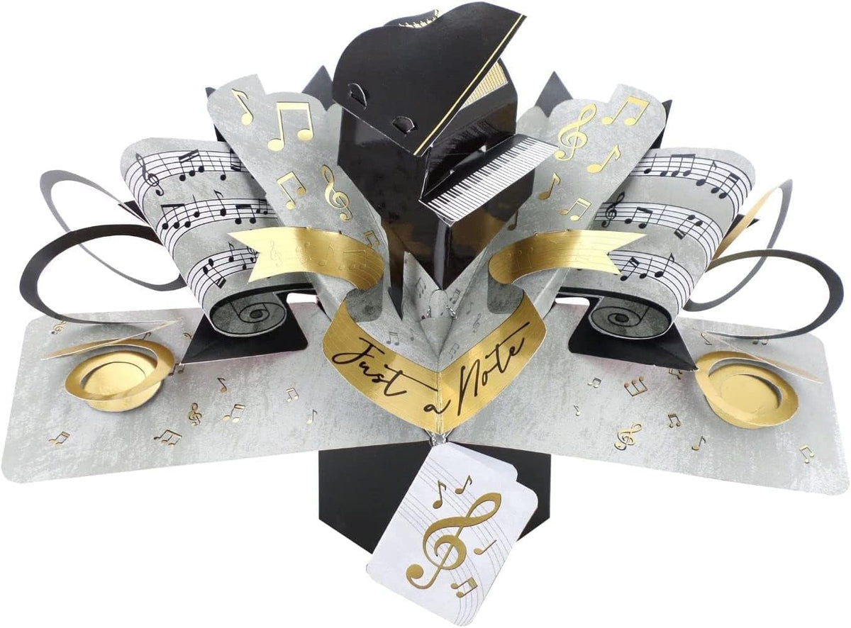 Second Nature Piano Pop Up Greeting Card with "Just a Note" design, suitable for birthdays or any occasion, featuring 3D piano artwork.