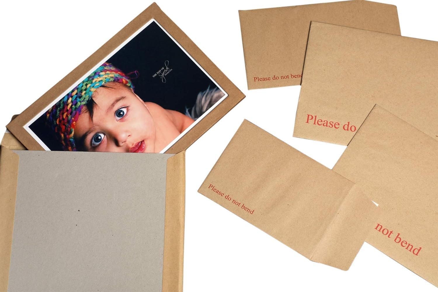 Send It By brown manilla back board envelopes for packaging, size 241 x 178 x 45 mm, with "Please Do Not Bend" label visible.