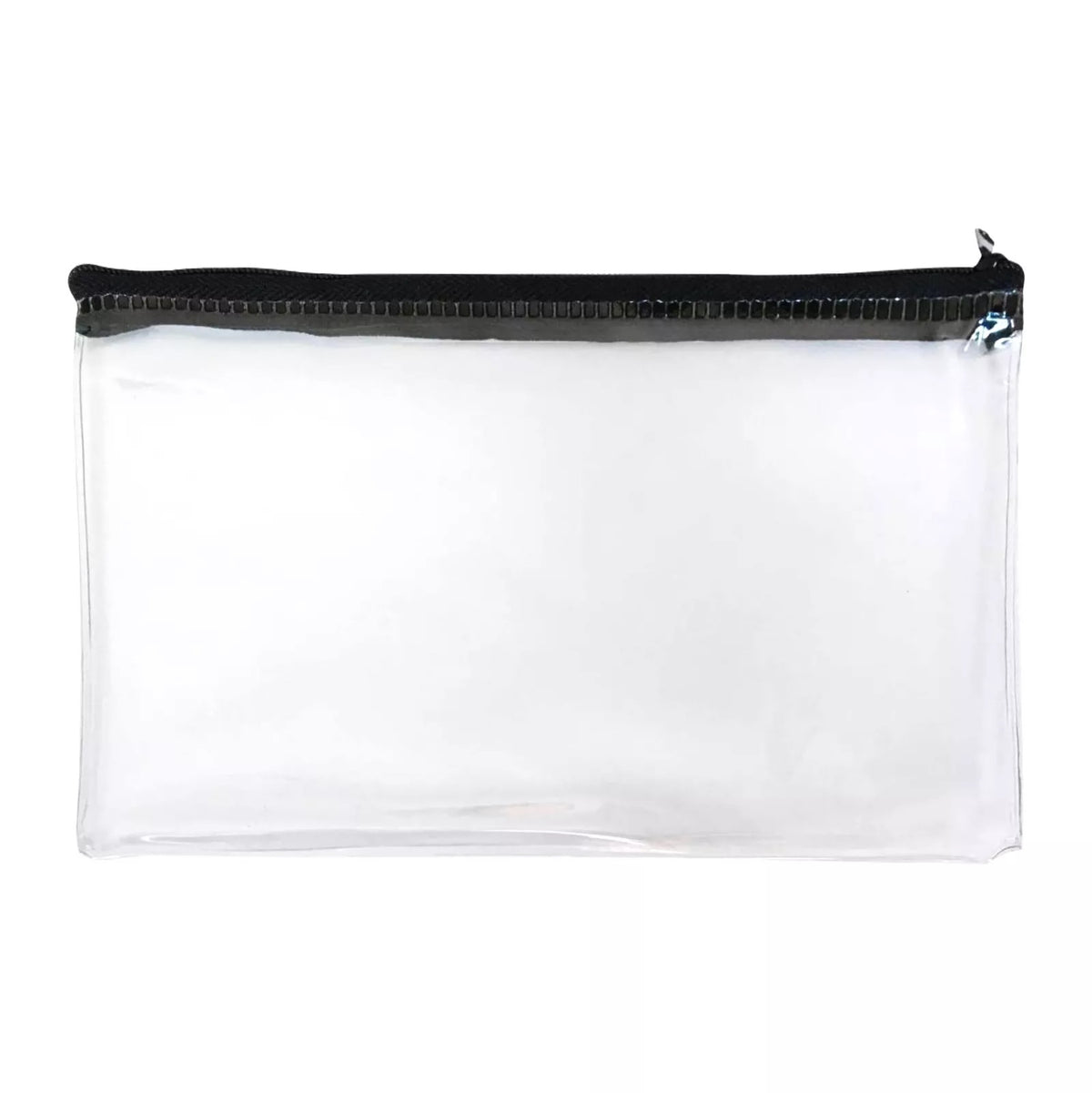 Eight flat clear exam pencil cases with black zippers, each measuring 5 inches, from Send It By for school and storage use.