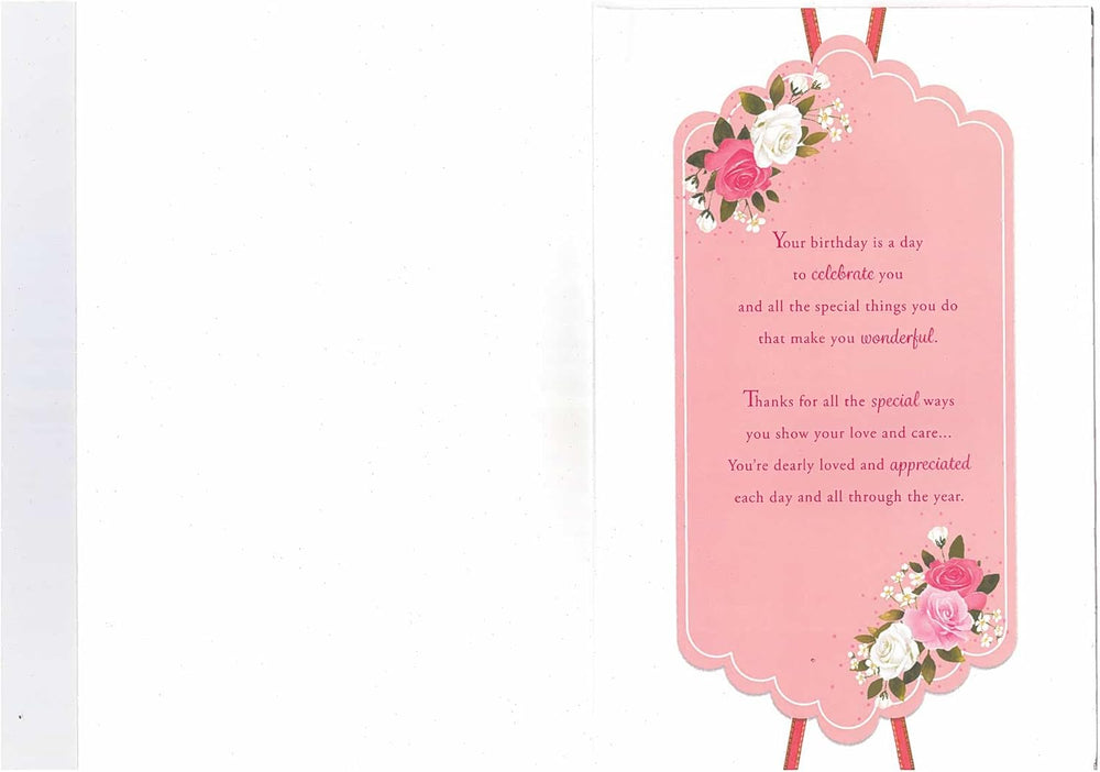 Sensations birthday greeting card for mum with 3D cover effect and an 8-page insert featuring flowers and a dress design.