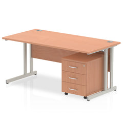 Impulse Cantilever Straight Office Desk W1800 x D800 x H730mm Beech Finish Silver Frame With 3 Drawer Mobile Pedestal - MI000973 DD
