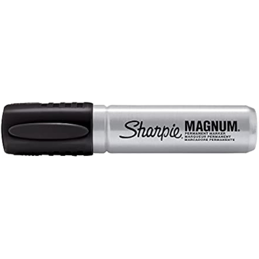 Pack of 12 Sharpie Magnum permanent markers with large chisel tips, featuring bold black ink for versatile marking projects.
