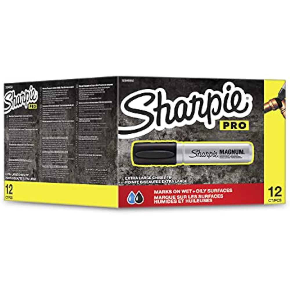 Pack of 12 Sharpie Magnum permanent markers with large chisel tips, ideal for bold, permanent writing and drawing.