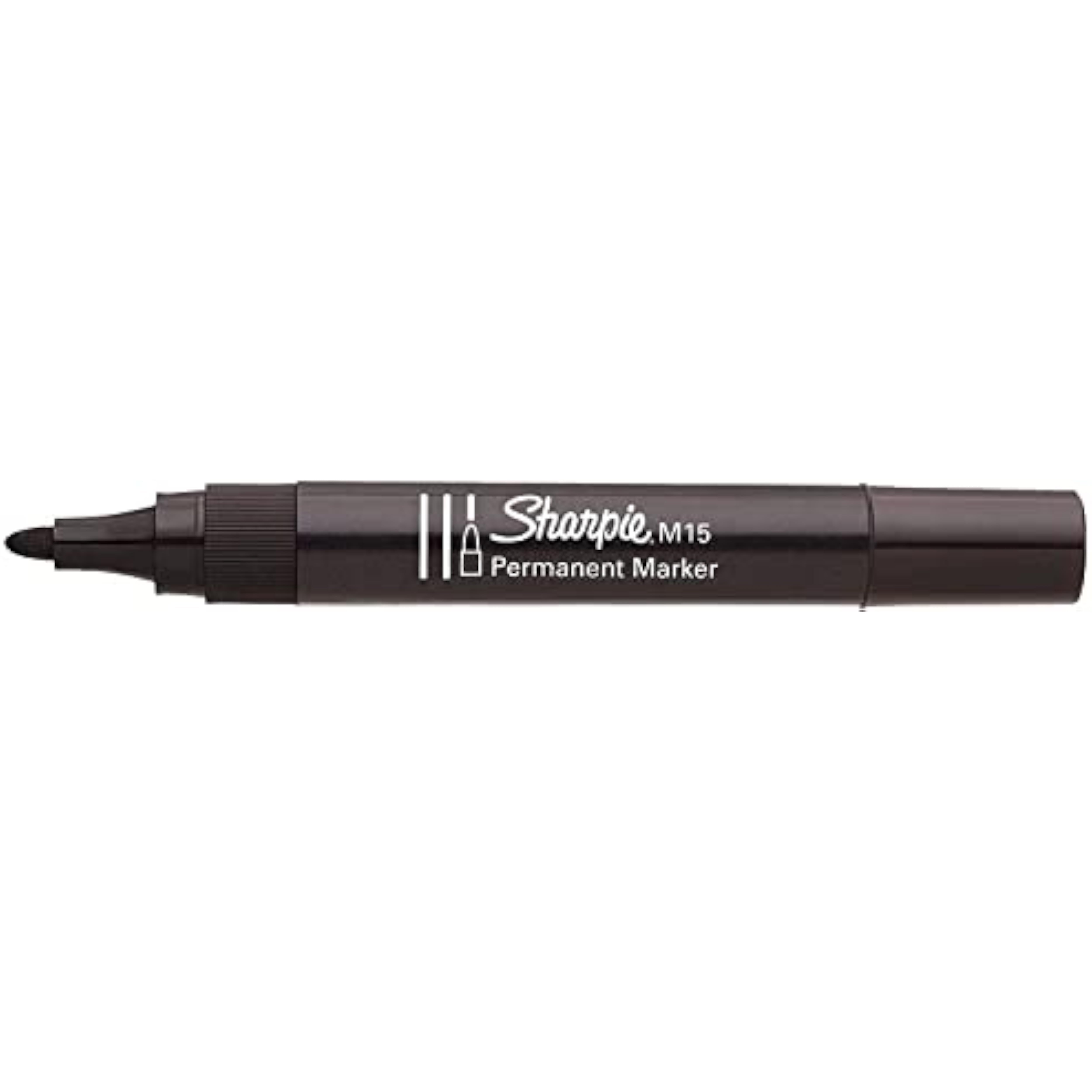Sharpie M15 black permanent marker with bullet tip, ideal for writing and art projects, shown on a white background.