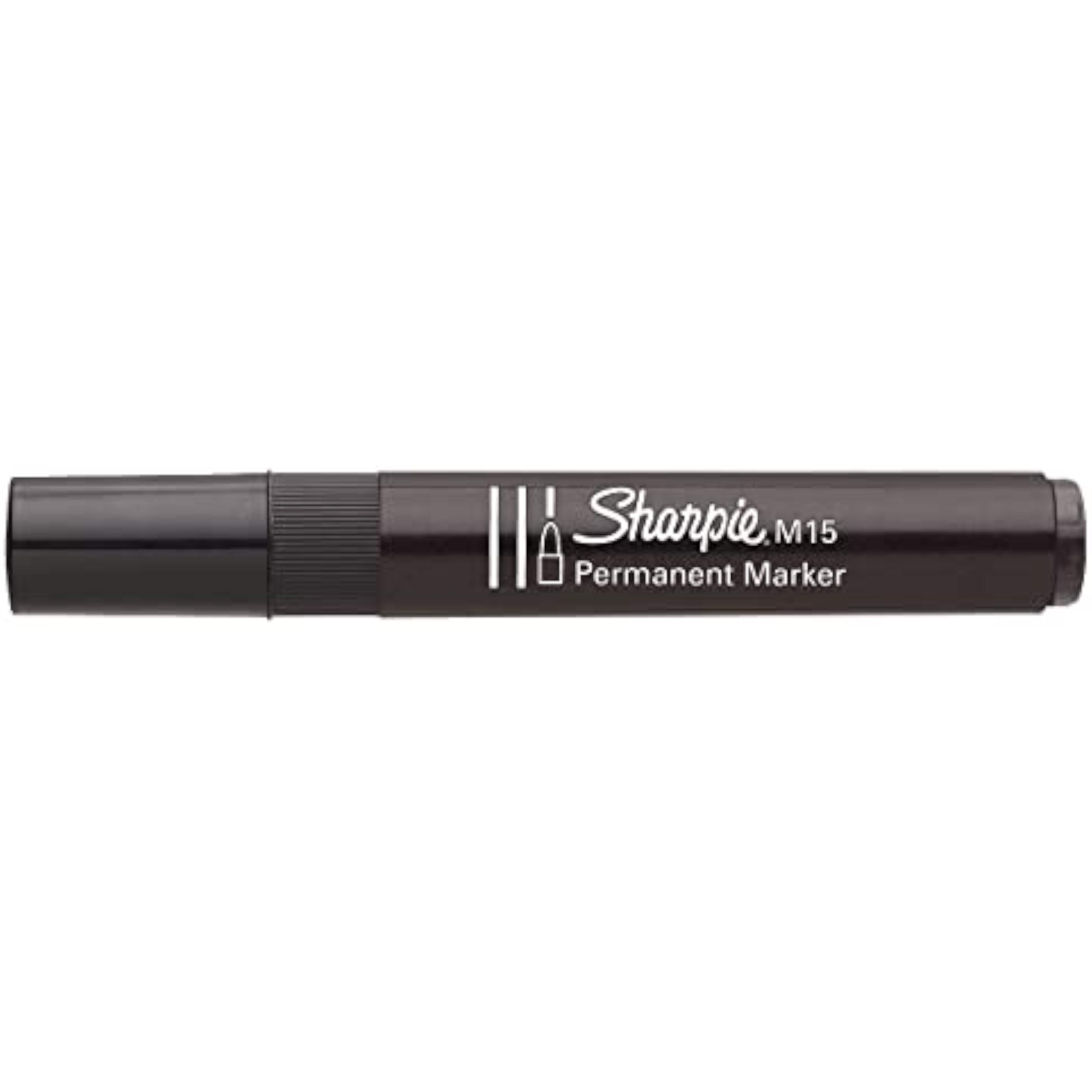 Black Sharpie M15 permanent marker with bullet tip, ideal for writing and art on various surfaces.