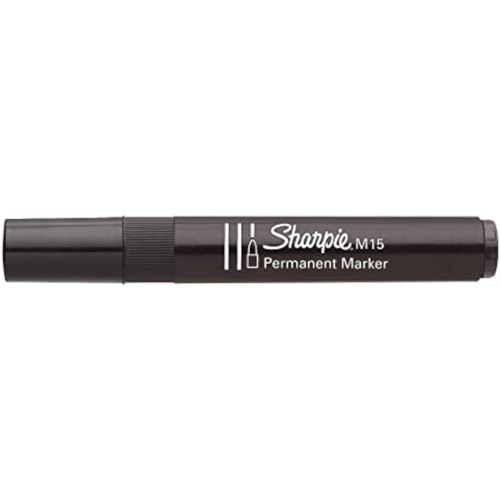 Black Sharpie M15 permanent marker with bullet tip, ideal for writing and art on various surfaces.