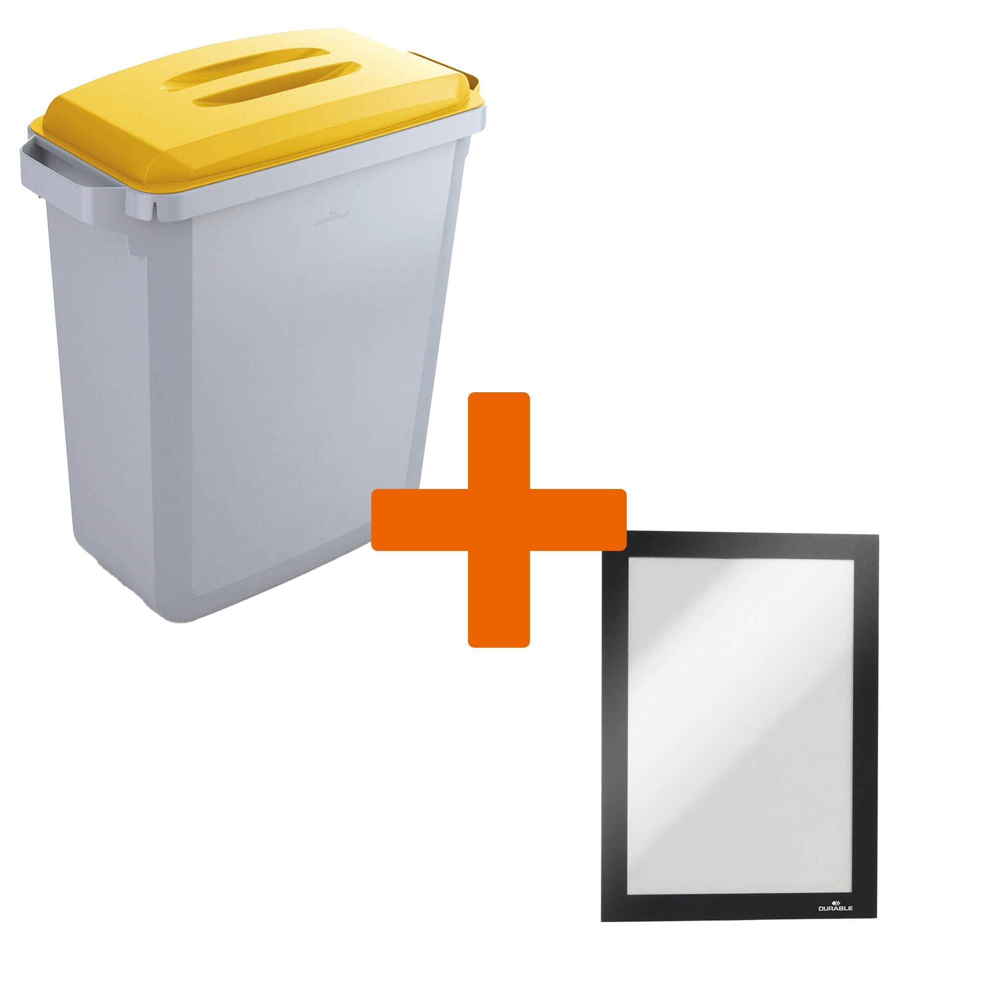 Durable DURABIN Plastic Waste Recycling Bin 60 Litre Grey with Yellow Lid & Black A5 DURAFRAME Self-Adhesive Sign Holder - VEH2023001 DD