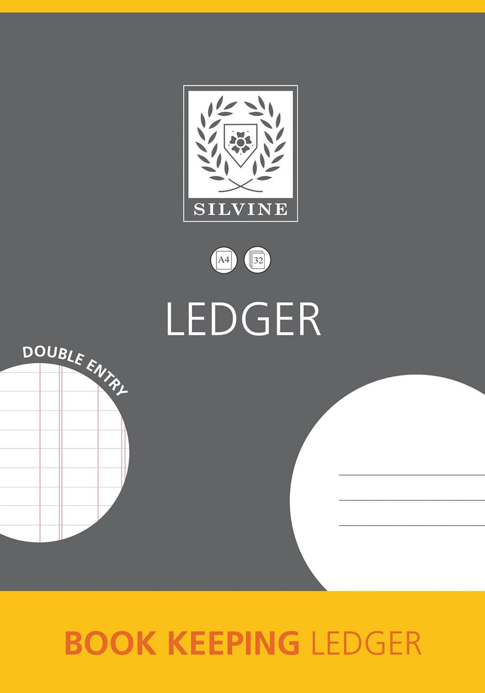 Silvine A4 printed ledger book for double-entry bookkeeping with 32 pages, featuring printed columns and organized pages.