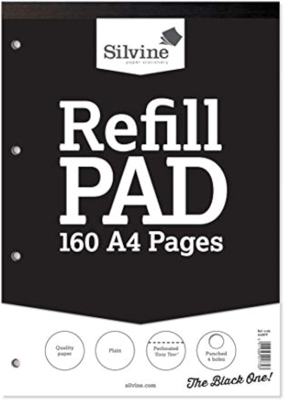Silvine 160-page A4 refill pad with head binding, four-hole punch, plain white pages, ideal for note-taking and writing.