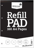 Silvine 160-page A4 refill pad with head binding, four-hole punch, plain white pages, ideal for note-taking and writing.