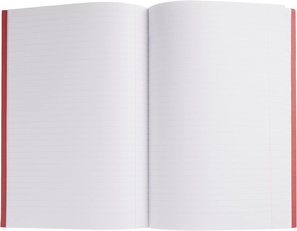 Red A4 Silvine exercise notebook with lined pages and margin for note-taking and writing.