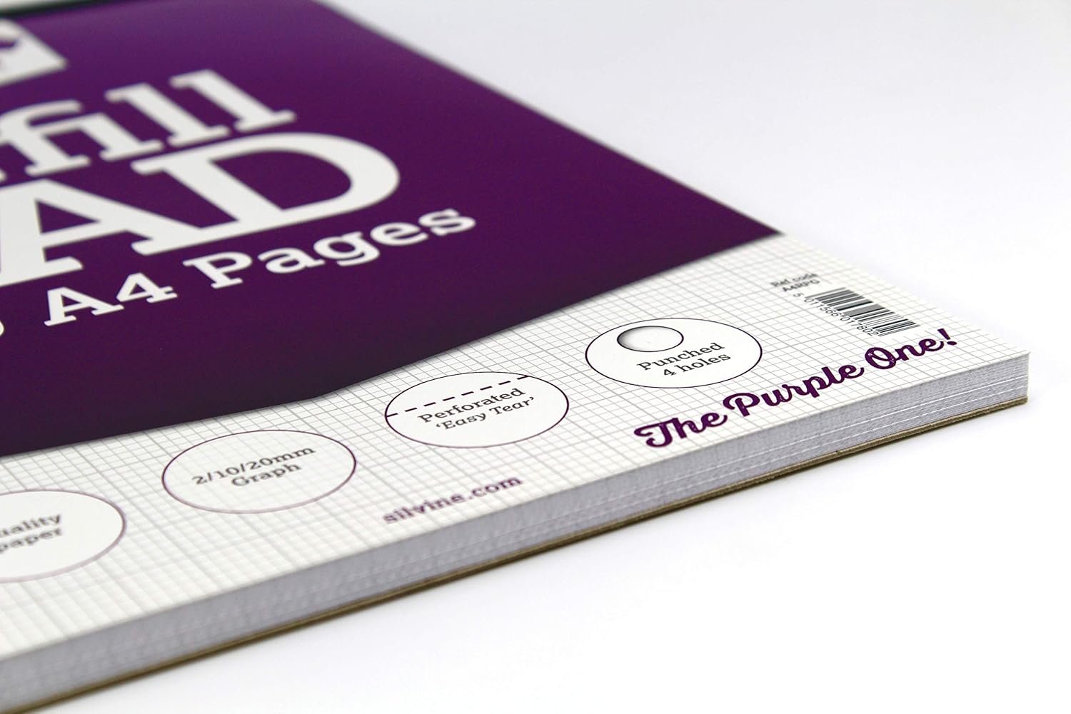 White Silvine A4 notebook refill pad with 2/10/20 mm graph pages, 160 sheets, ideal for note-taking or graphing.