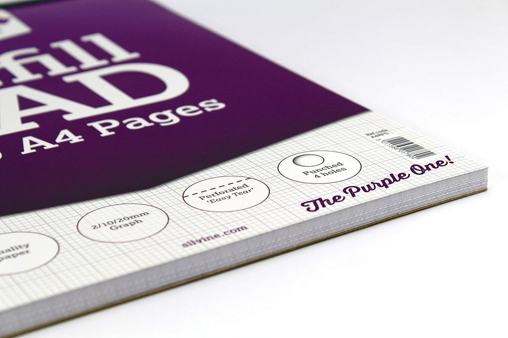 White Silvine A4 notebook refill pad with 2/10/20 mm graph pages, 160 sheets, ideal for note-taking or graphing.