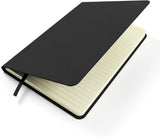 A Silvine A5 casebound notebook with a black cover, open to show lined pages inside, ideal for note-taking and journaling.