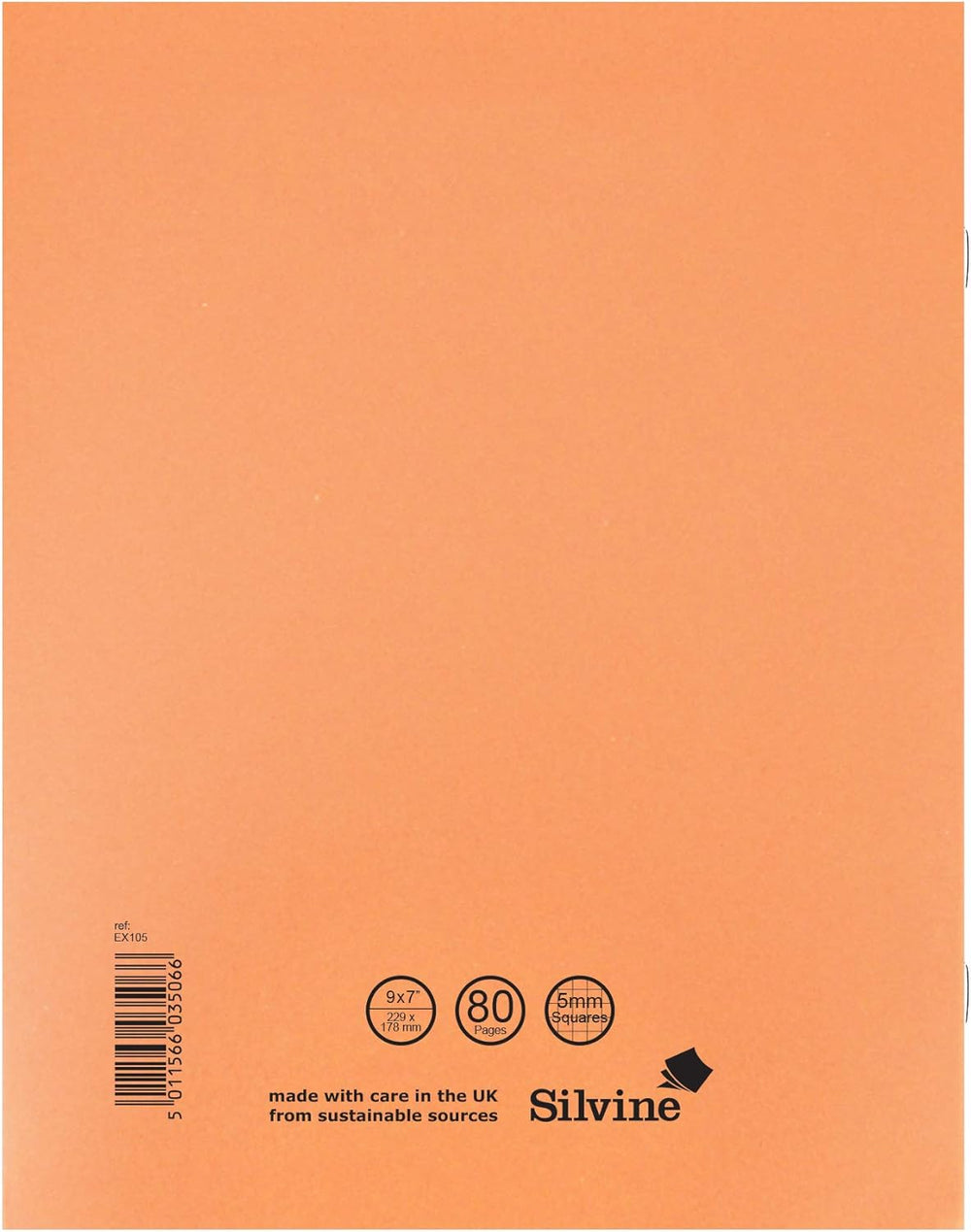 Orange Silvine exercise notebook with 80 pages, 5mm square grid, 229x178mm size, featuring a durable cover and spiral binding.