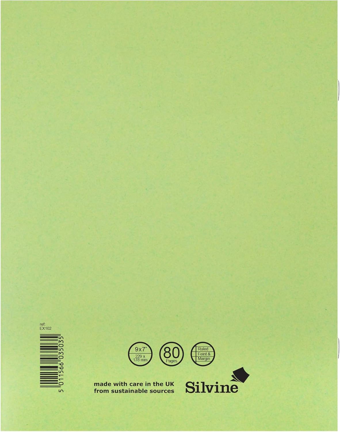 Green Silvine exercise notebook with ruled pages measuring 229 x 178mm, ideal for note-taking and writing.