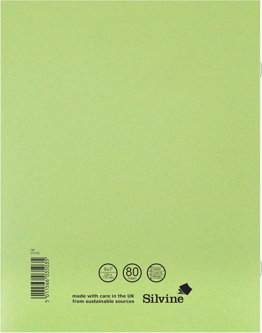 Green Silvine exercise notebook with ruled pages measuring 229 x 178mm, ideal for note-taking and writing.