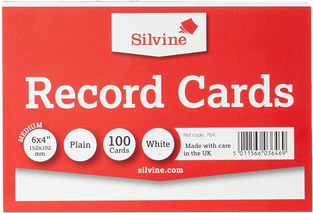 Set of 100 white Silvine plain record cards measuring 152 x 101mm, ideal for organizing and labeling.
