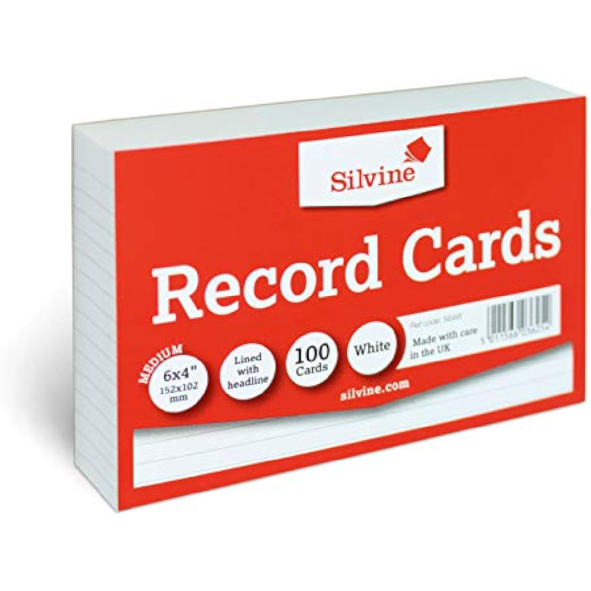 Silvine pack of 100 white 6x4 inch feint ruled record cards, ideal for note-taking and filing.