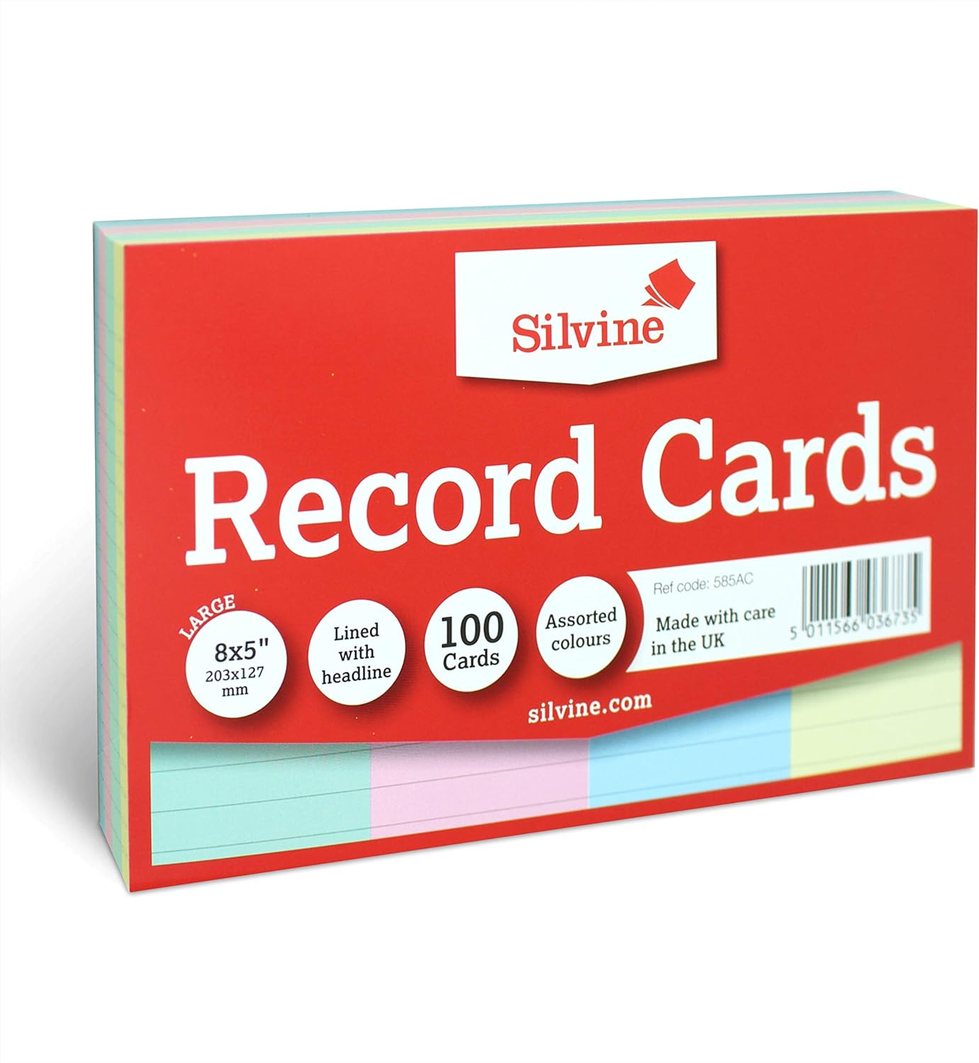Silvine pack of 100 multi-colored record cards, 8 x 5 inches, featuring blank printable surfaces for organizing notes and data.