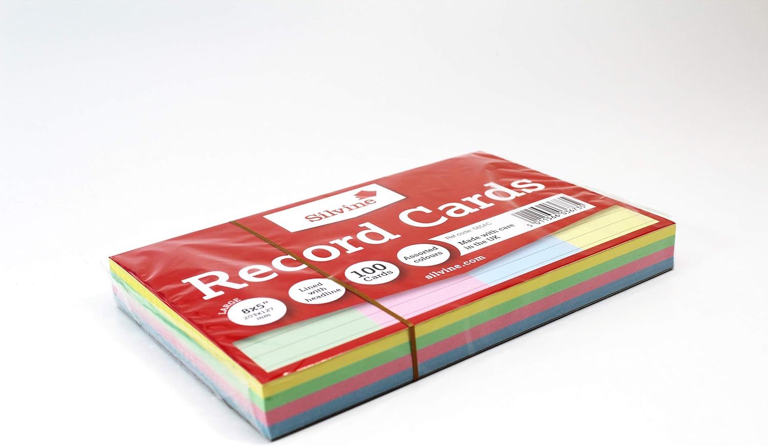 Silvine pack of 100 multi-colored record cards, 8x5 inches, used for organizing notes or information in offices and classrooms.