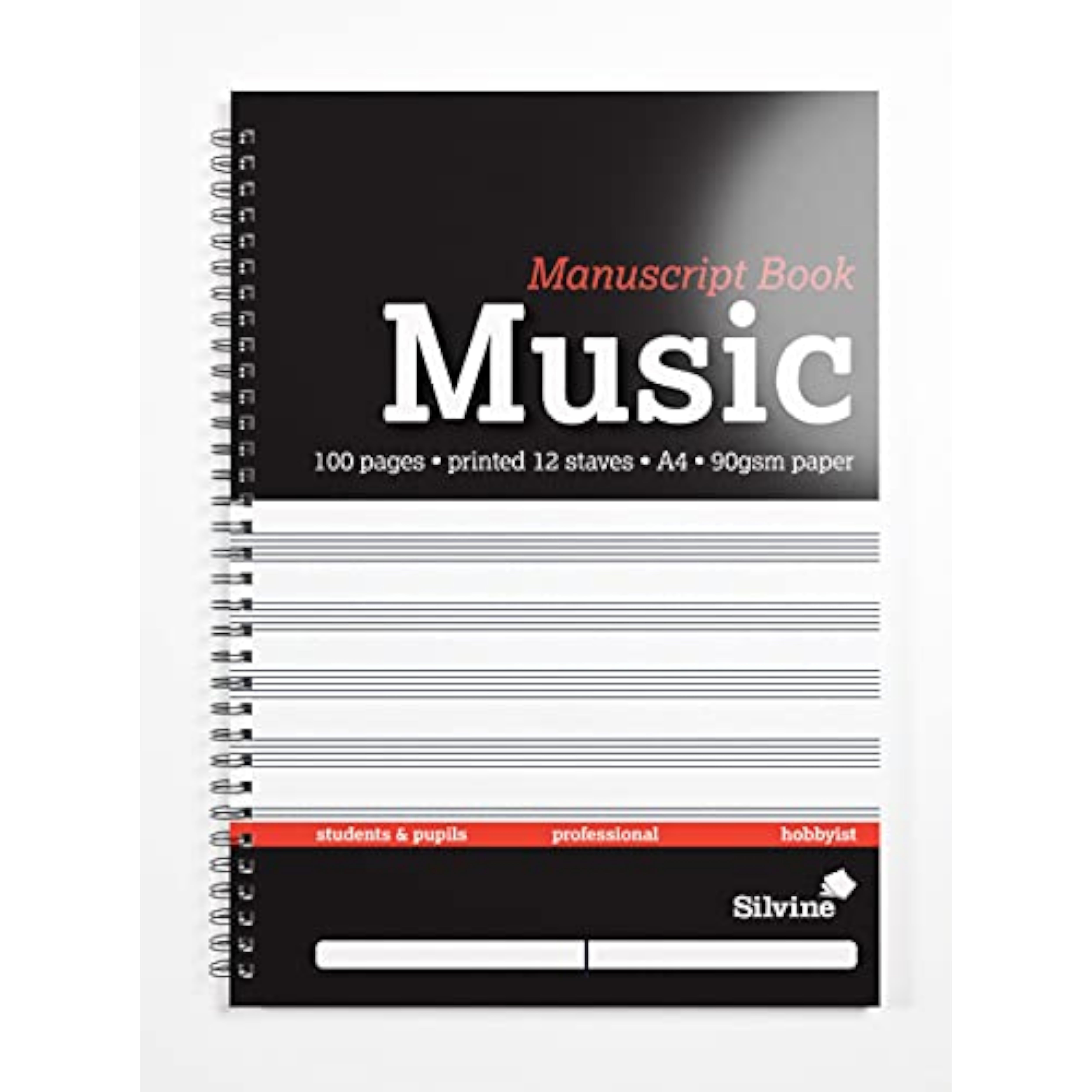 Silvine A4 music manuscript book with 12 printed staves and 100 pages, ideal for composers and musicians.