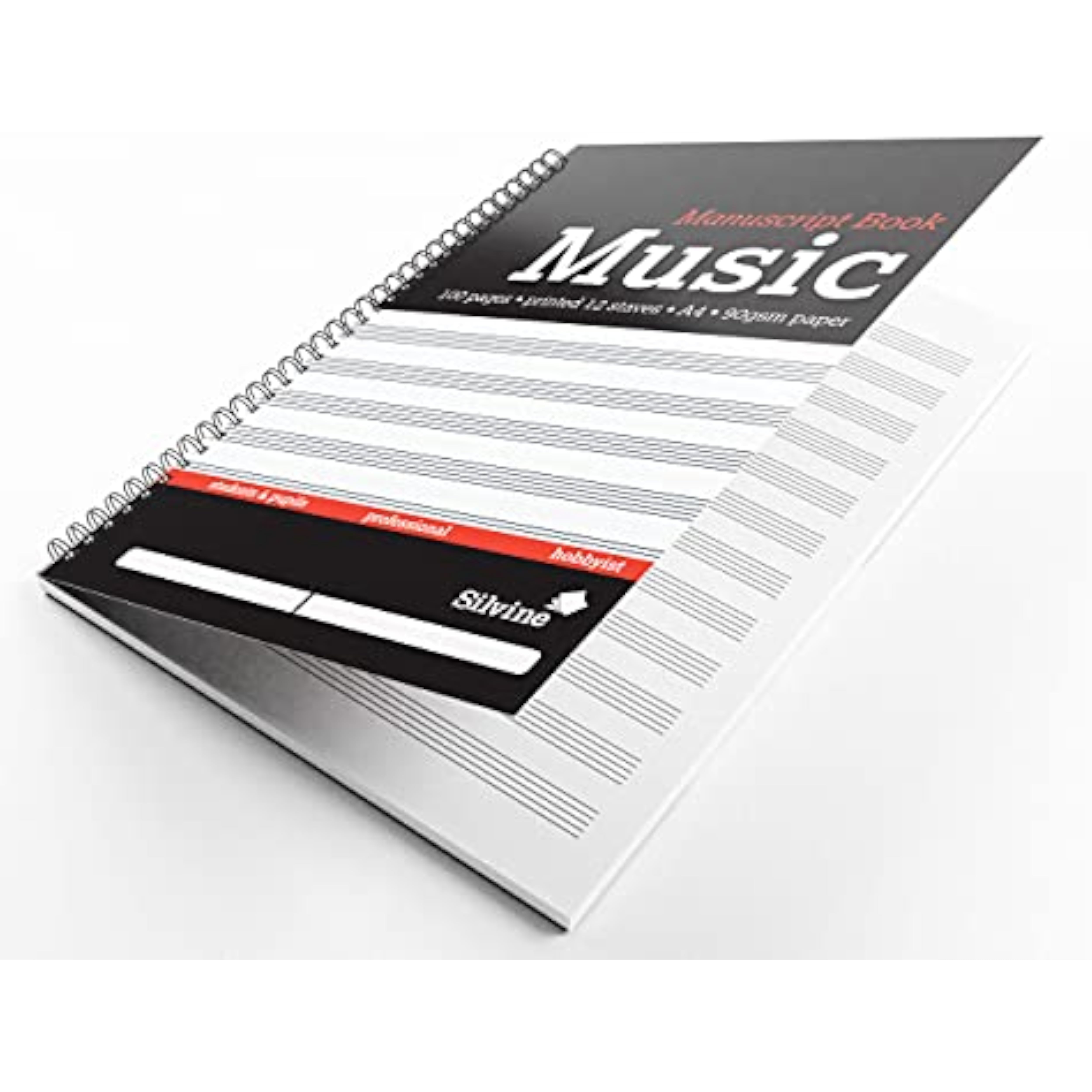 Silvine A4 music manuscript book with 12 printed staves and 100 pages, ideal for composing and music notation.