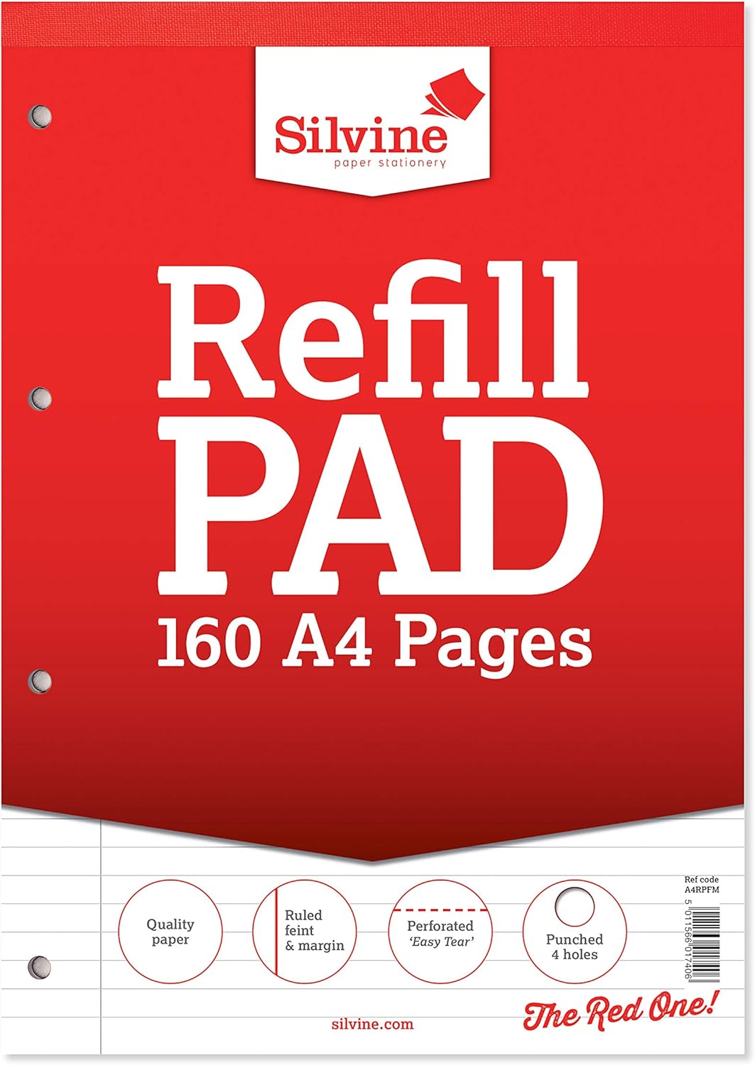 Silvine A4 refill pad with ruled feint and margin lines, 160 pages of 75gsm paper for stationery and note-taking.