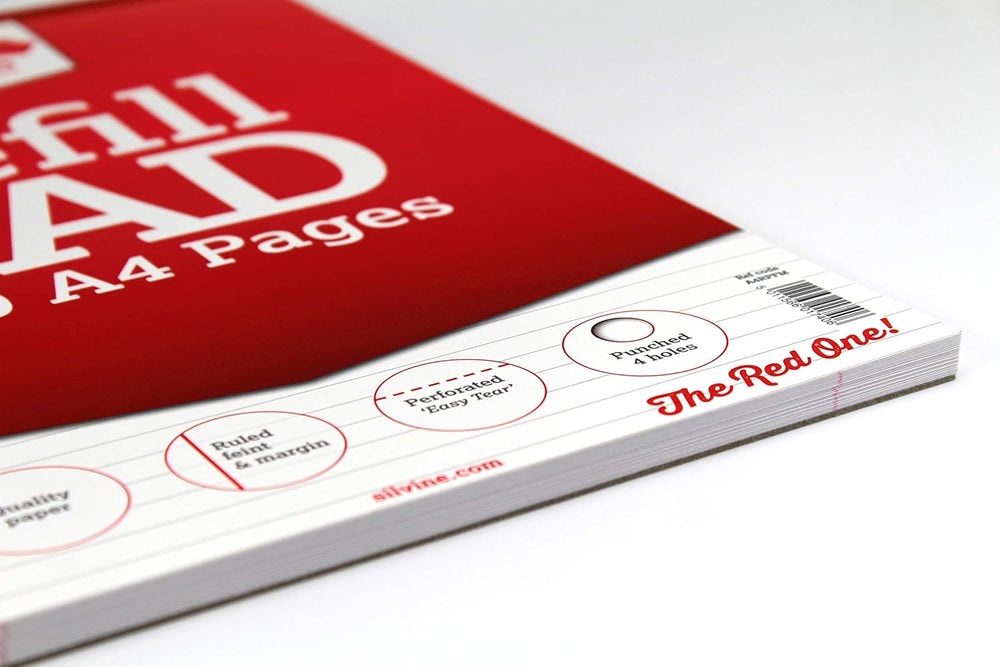 Silvine A4 refill pad with ruled feint lines and margin, 160 pages of 75gsm paper for stationery and note-taking.