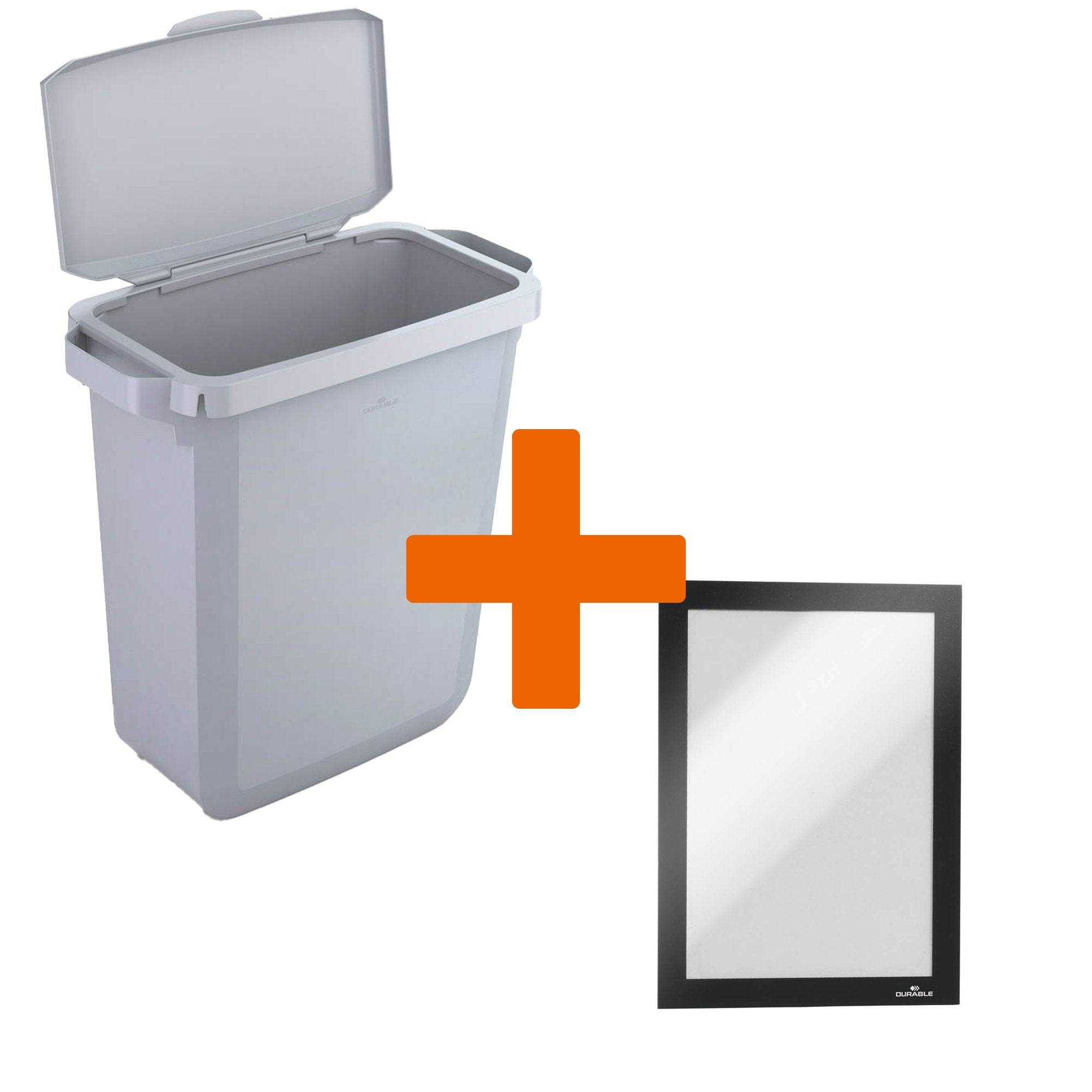 Durable DURABIN Plastic Waste Recycling Bin 60 Litre Grey with Grey Hinged Lid & Black A5 DURAFRAME Self-Adhesive Sign Holder - VEH2023008 DD