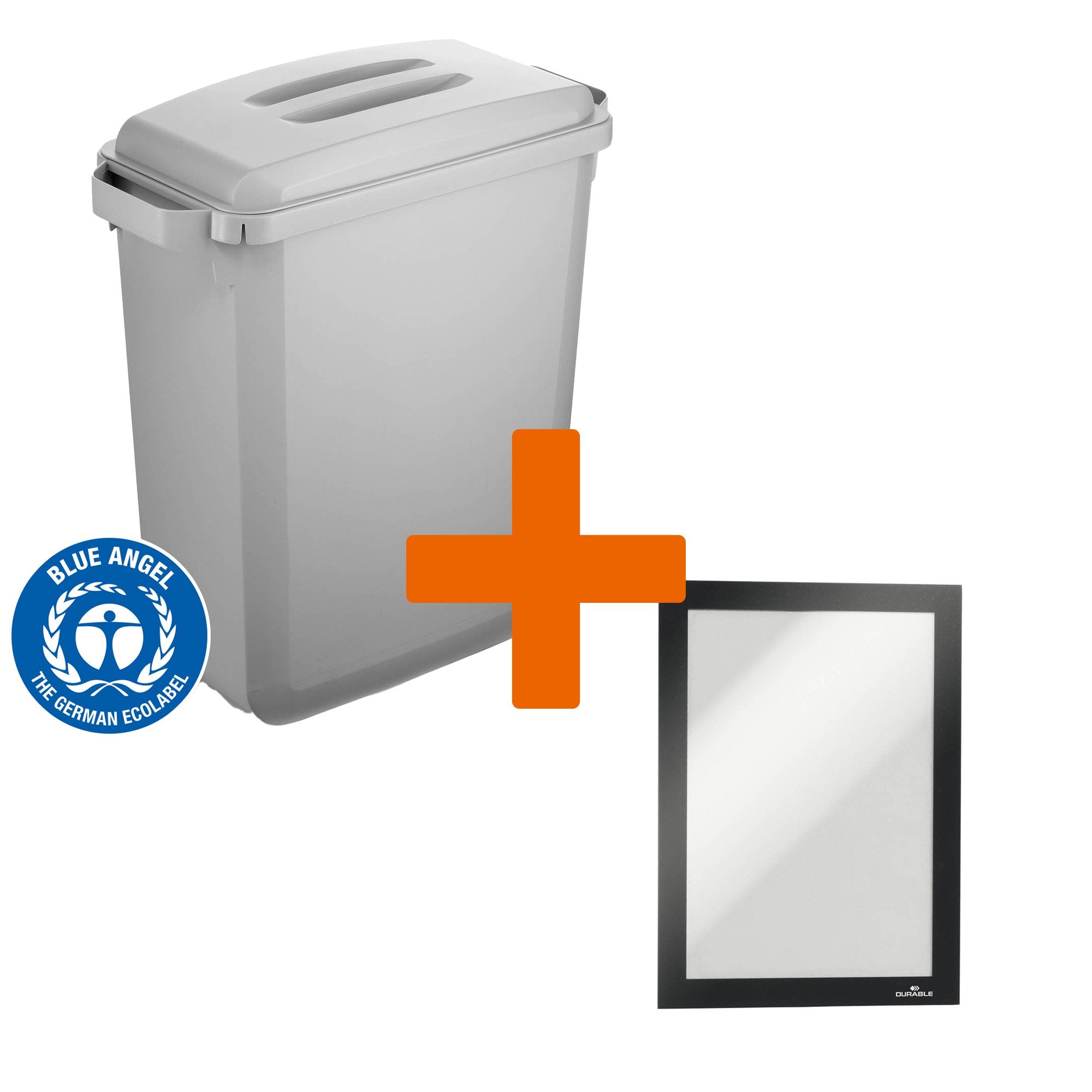 Durable DURABIN ECO 80% Recycled Plastic Recycling Bin 60 Litre Grey with Grey Lid & Black A5 DURAFRAME Self-Adhesive Sign Holder - VEH2023009 DD