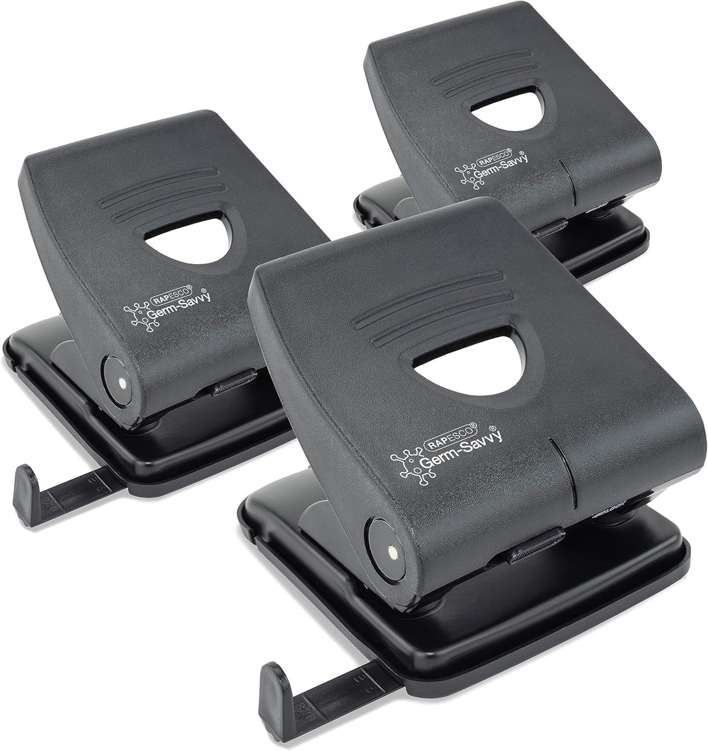 Rapesco Germ-Savvy® Antibacterial: 2-Hole Punch (30 Sheet) – Black (Pack 3)