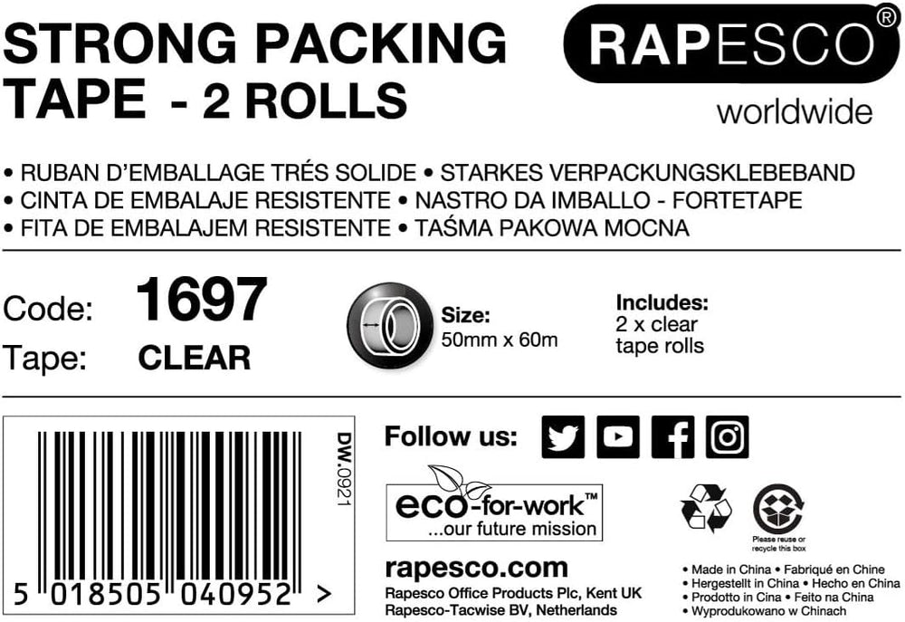 Rapesco Strong Packing Tape 50mm x 60m – Clear (Pack 2)