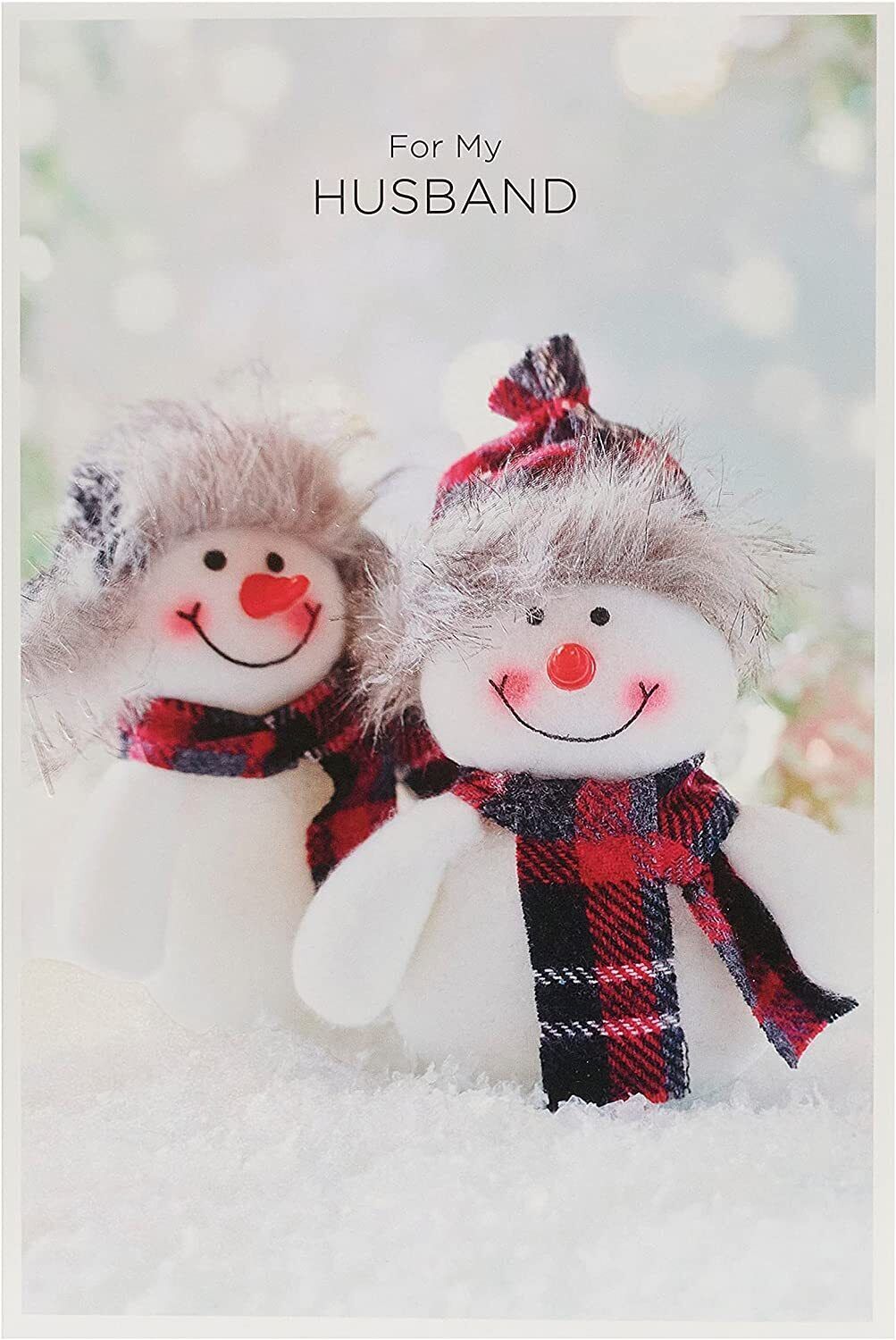 Quirky Snow Couple in Tartan Husband Christmas Card