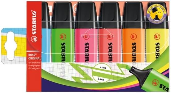 Set of six Stabilo Boss Original highlighters in assorted colors, featuring bright, visible ink for highlighting text.
