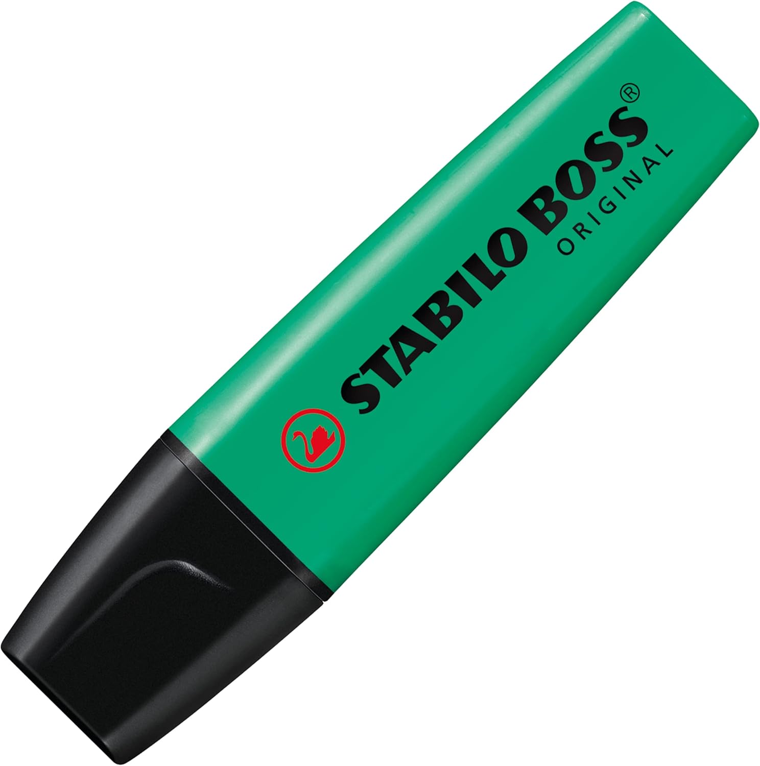 Turquoise Stabilo Boss Original highlighter pen with chisel tip, designed for bright, smooth highlighting on paper.