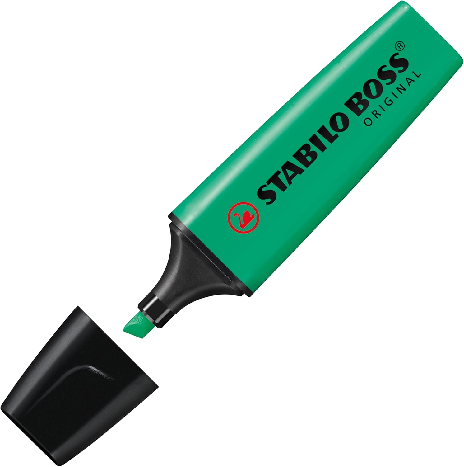 Stabilo Boss Original turquoise highlighter pen with chisel tip for vibrant marking and highlighting on paper.