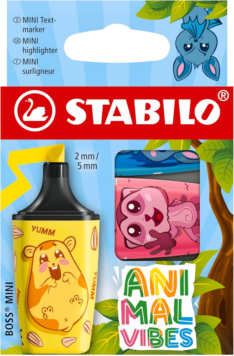 Pack of three Stabilo BOSS Mini Animal Vibes highlighter pens in assorted colors, featuring playful animal-themed designs.