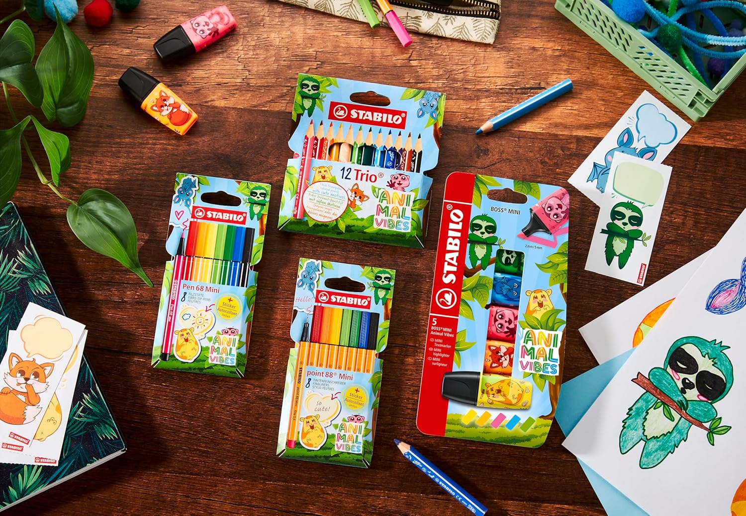 Stabilo BOSS Mini Animal Vibes highlighter pens pack of 3 in assorted colors, featuring compact design and playful animal-themed patterns.