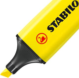 Set of four Stabilo BOSS ORIGINAL highlighters in yellow, orange, green, and pink, displayed in a large box.
