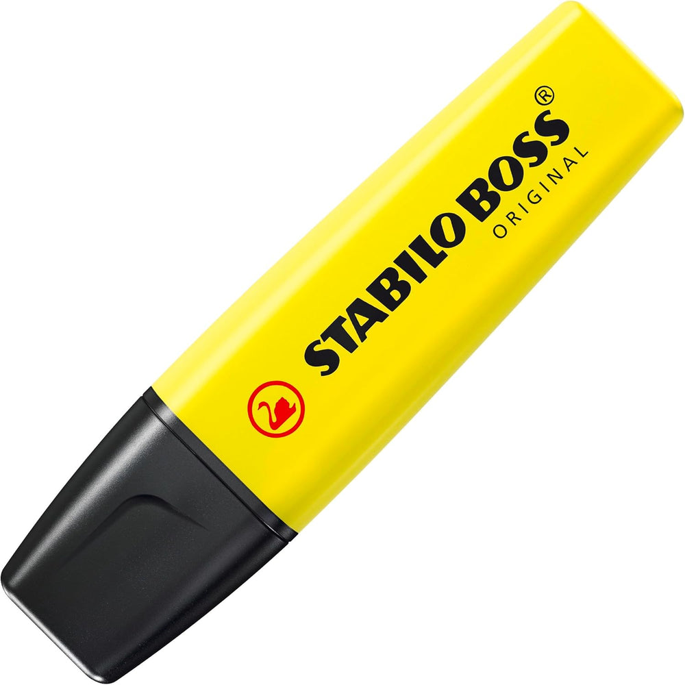 Set of four Stabilo BOSS ORIGINAL highlighters in yellow, orange, green, and pink in a large box, ideal for marking and organizing.
