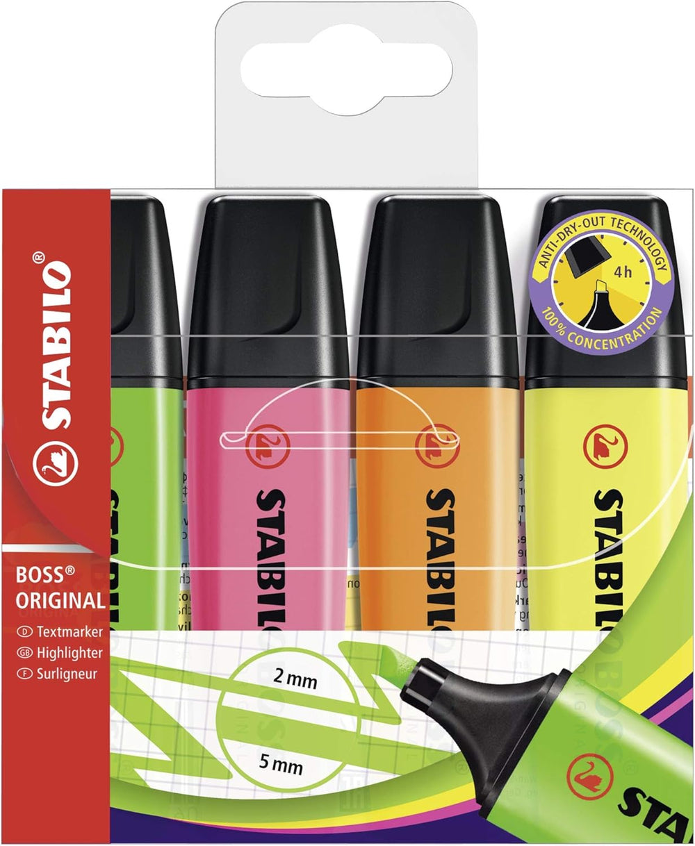 Set of four Stabilo Boss Original highlighters in yellow, orange, green, and pink with vibrant ink colors.