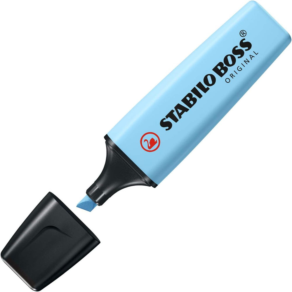 Stabilo Boss Original Pastel highlighter in Breezy Blue with a chisel tip, shown with pastel-colored ink on paper.