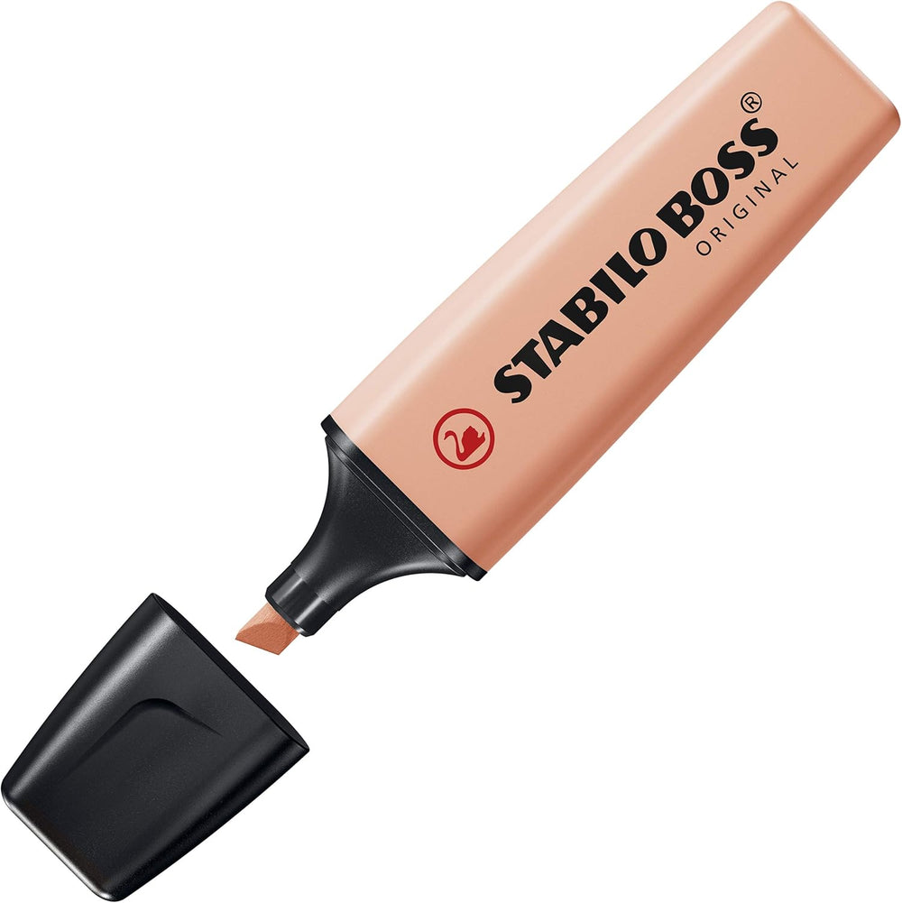 Stabilo Boss Original Pastel highlighter in creamy peach, vibrant marker with a chisel tip for highlighting and decorating documents.