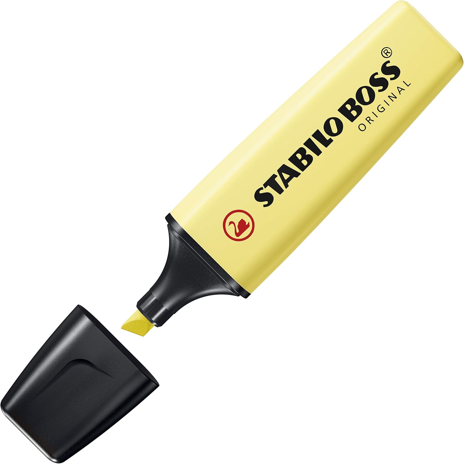 Stabilo Boss Original Pastel Milky Yellow highlighter with pastel yellow ink and chisel tip for highlighting text.