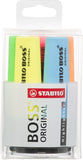 Set of six Stabilo BOSS Original highlighters in yellow, green, orange, red, pink, and blue in round box.