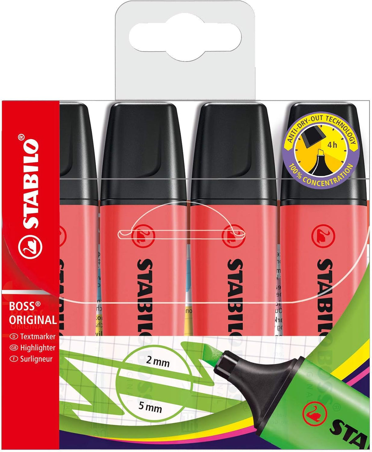 Set of four red Stabilo Boss Original highlighters in a wallet, featuring vibrant ink for highlighting and marking text.