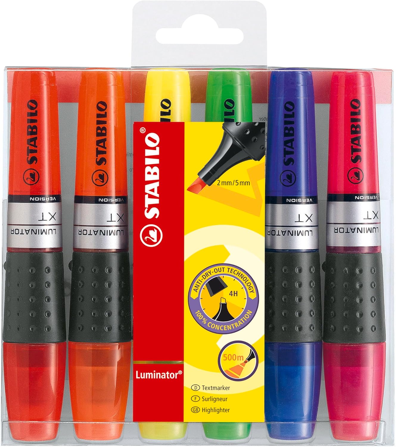 Set of six Stabilo Luminator highlighters in assorted colors, ideal for highlighting and color-coding documents.