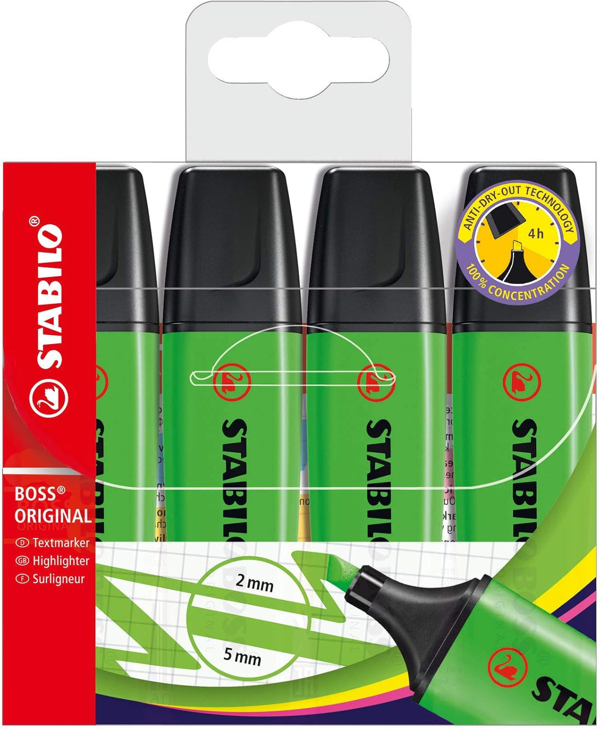 Set of four Stabilo Boss Original Green highlighters with bright green ink for highlighting and emphasizing text.