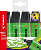 Set of four Stabilo Boss Original Green highlighters with bright green ink for highlighting and emphasizing text.